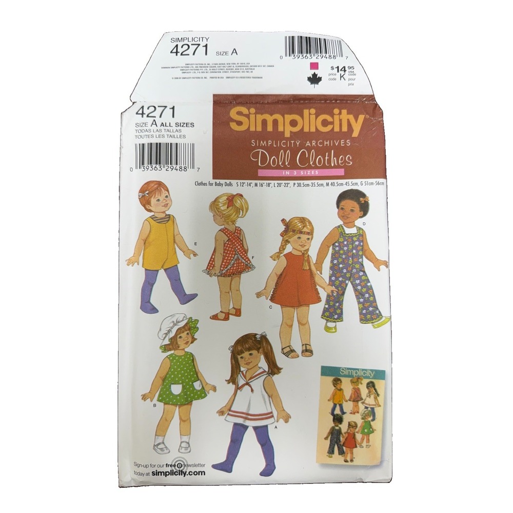 Simplicity 4271 Archives Baby Doll Clothes Sewing Pattern Uncut 12-22" 3 Sizes